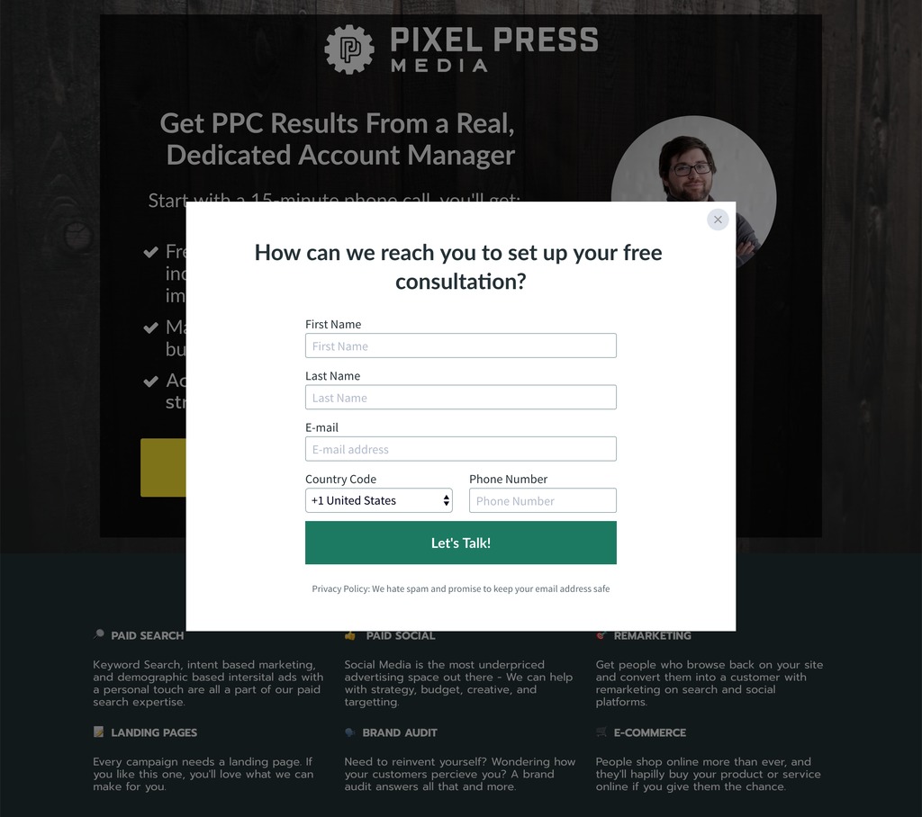 Pixel press landing page, full screen with form